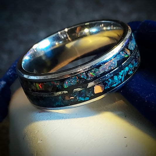 2-Channel Galaxy Ring w Opal & Gemstones Inlay.