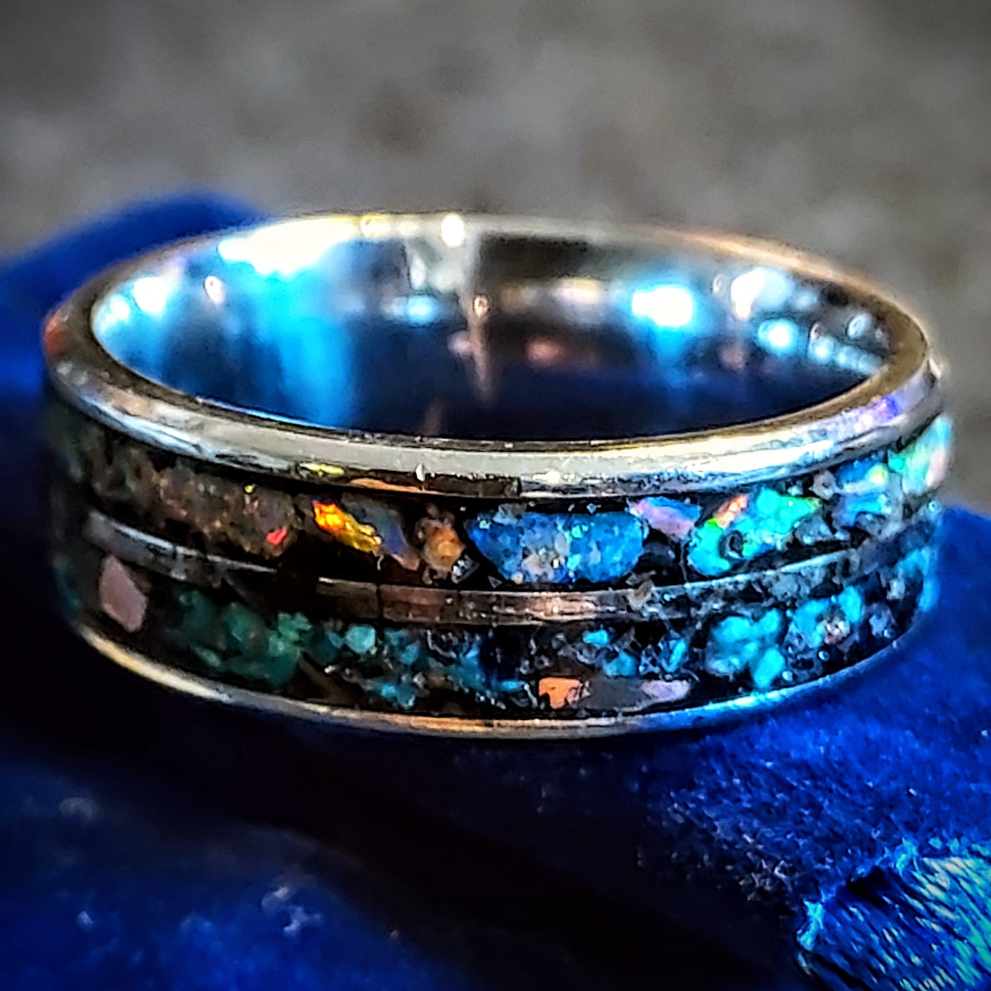 2-Channel Galaxy Ring w Opal & Gemstones Inlay.