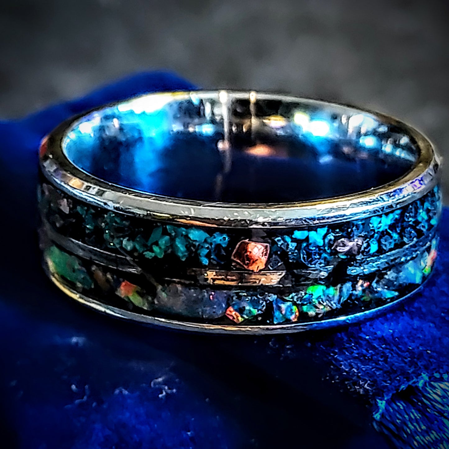 2-Channel Galaxy Ring w Opal & Gemstones Inlay.