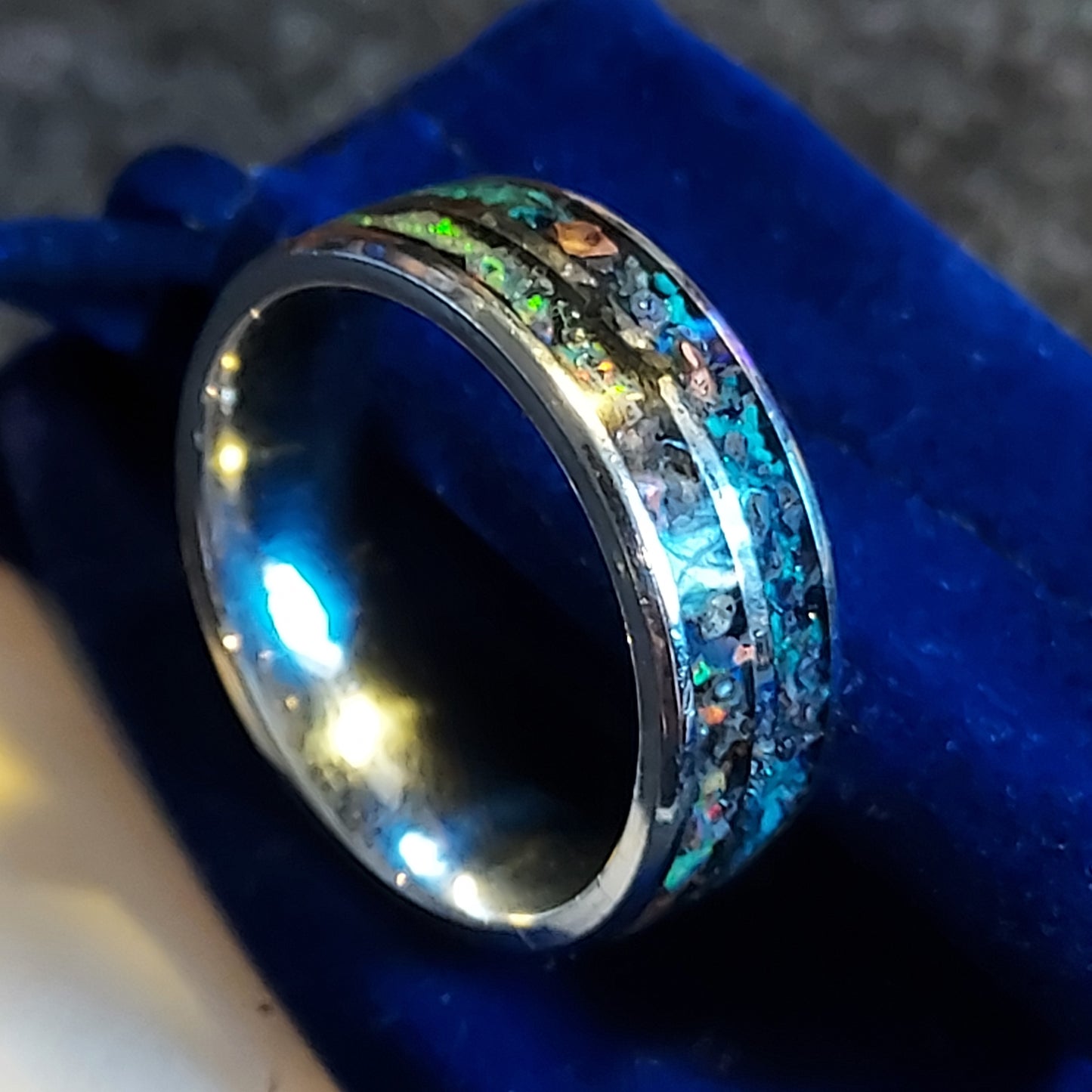 2-Channel Galaxy Ring w Opal & Gemstones Inlay.