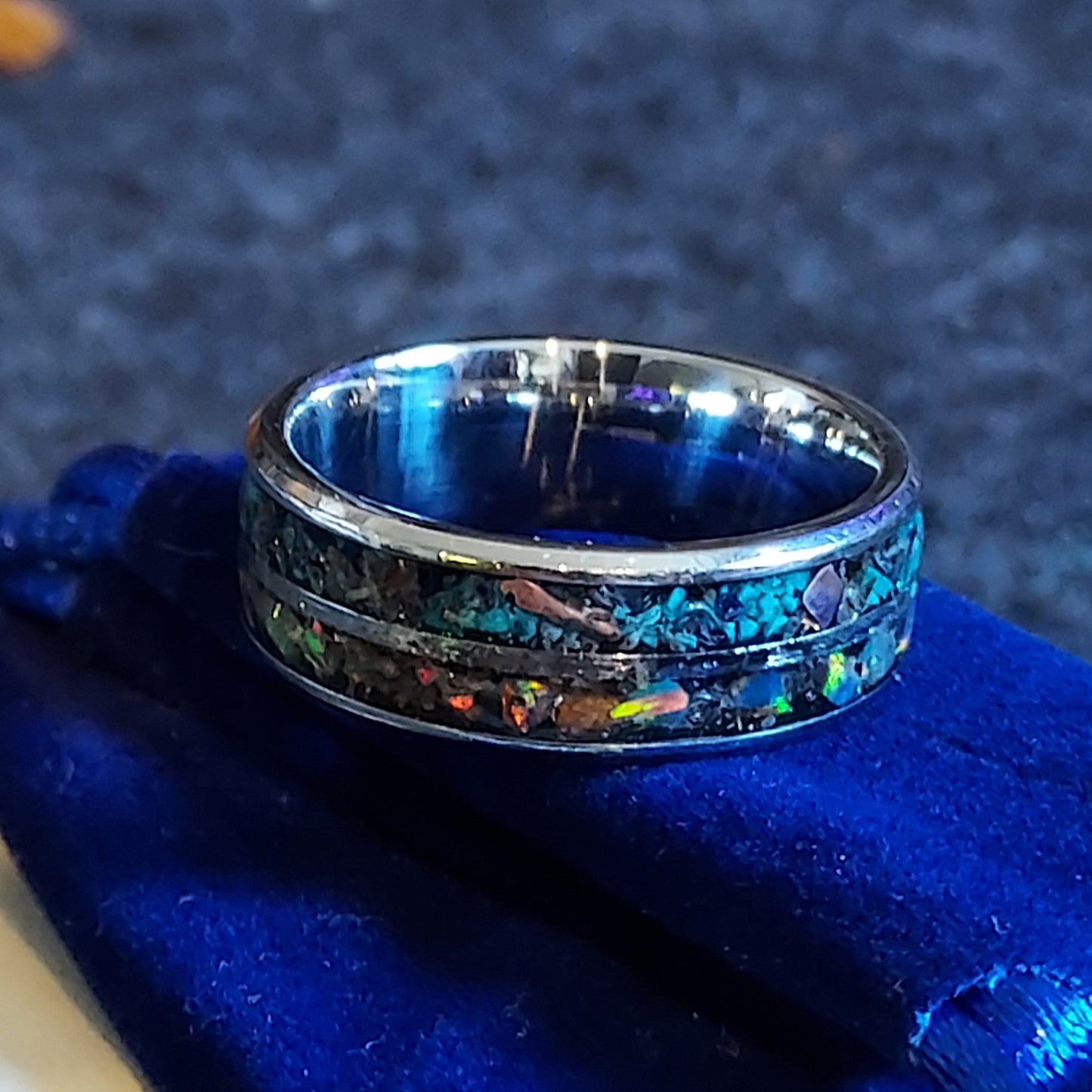 2-Channel Galaxy Ring w Opal & Gemstones Inlay.