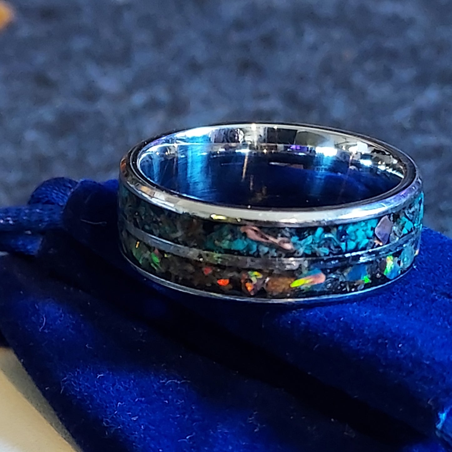 2-Channel Galaxy Ring w Opal & Gemstones Inlay.